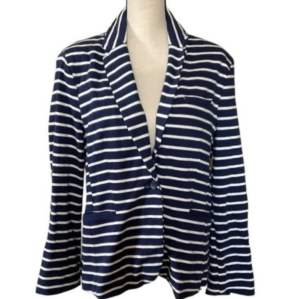 Striped Knit Blazer Jacket, Navy Blue & White, Casual‎ Chic, Comfortable